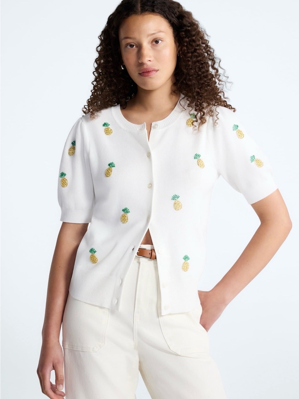 Free Assembly Beaded Pineapple Puff Sleeve Cardigan Sweater Women L Tropical NWT